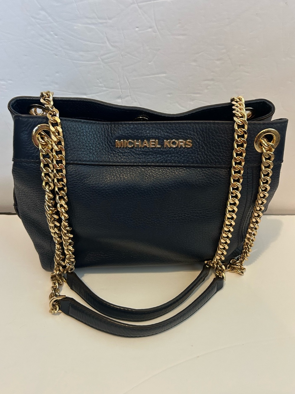 Michael Kors Jet Set Chain Shoulder Tote Navy Pebbled Leather Gold Hardware - Picture 1 of 13
